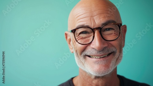 Smiling bald man with glasses and gray beard against teal background. © iuricazac