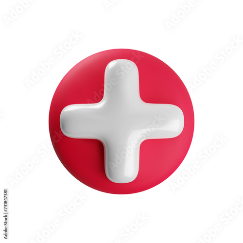 Vector 3d white cross in red circle realistic icon. Trendy plastic medical sign on white background. 3d render plus mark button for web, app, design.