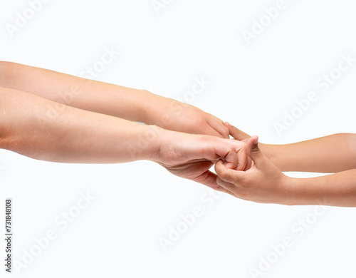 Mother lending a hand to her son. Solidarity, compassion and charity over white background © cunaplus
