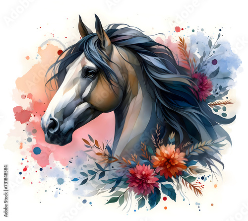 Horse. Flowers. Head. Stallion. Portrait. Watercolor. Isolated illustration on a white background. Banner. Close-up. Generative AI