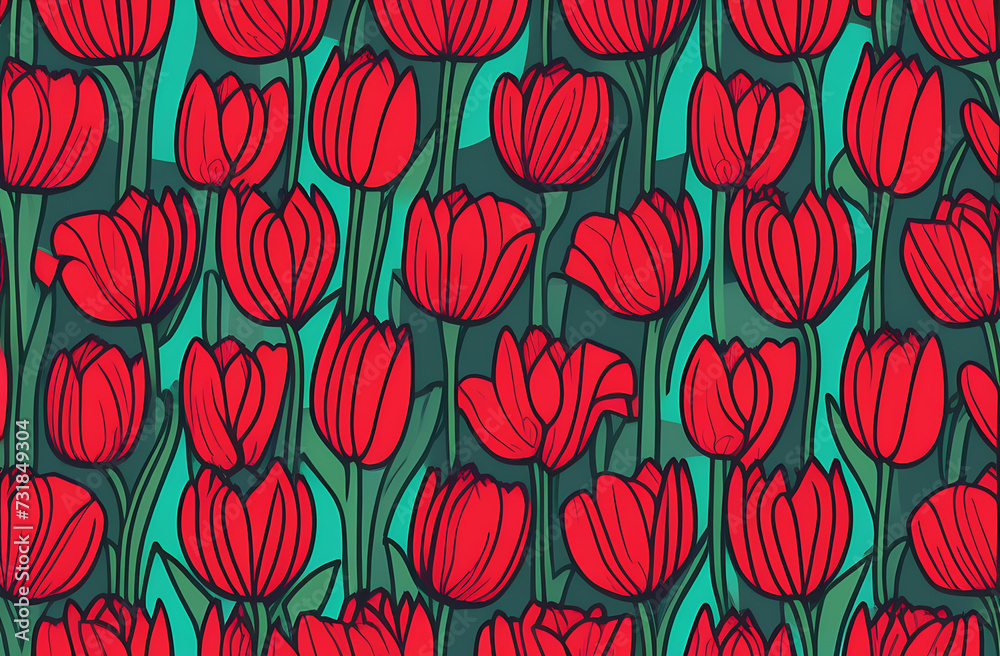 An illustrated pattern of bright red tulips on an emerald green background. An illustrated pattern of bright red tulips on an emerald green background.