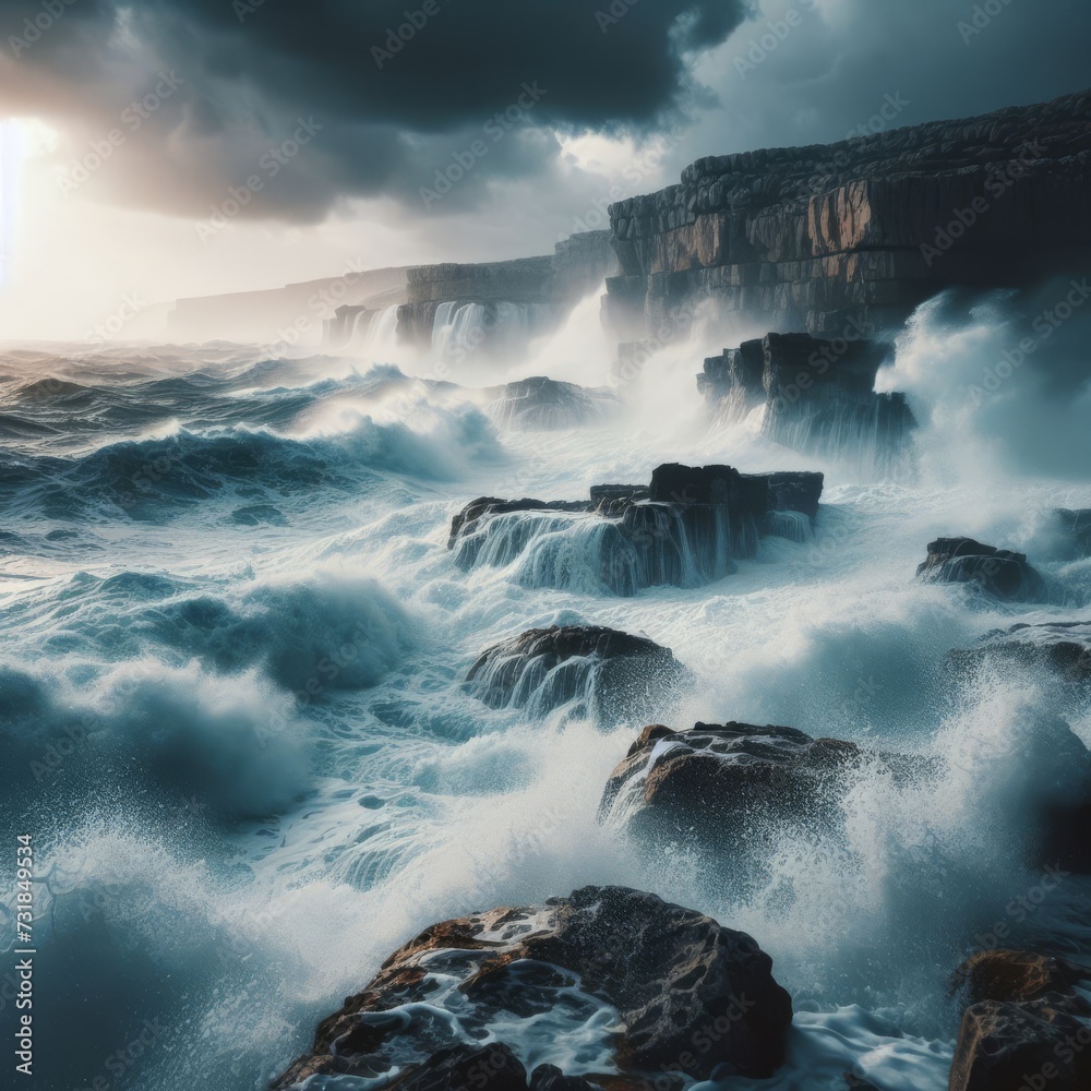 A close-up of a turbulent ocean during a storm, waves crashing violently against rocks, showcasing the raw energy of nature.