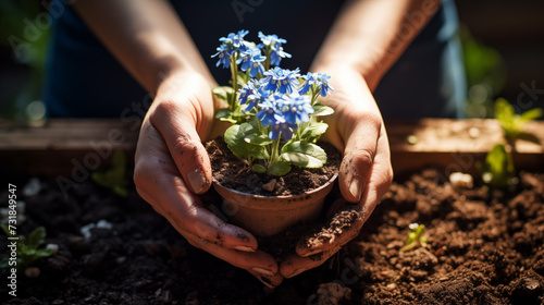 A top view photograph of hands holding a delicate blue flower.