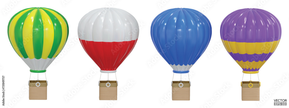 3D Colorful hot air balloons with baskets travel isolated on white background. Summer balloon journey. 3D vector illustration. 3D Colorful hot air balloons with baskets travel isolated on white background. Summer balloon journey. 3D vector illustration.