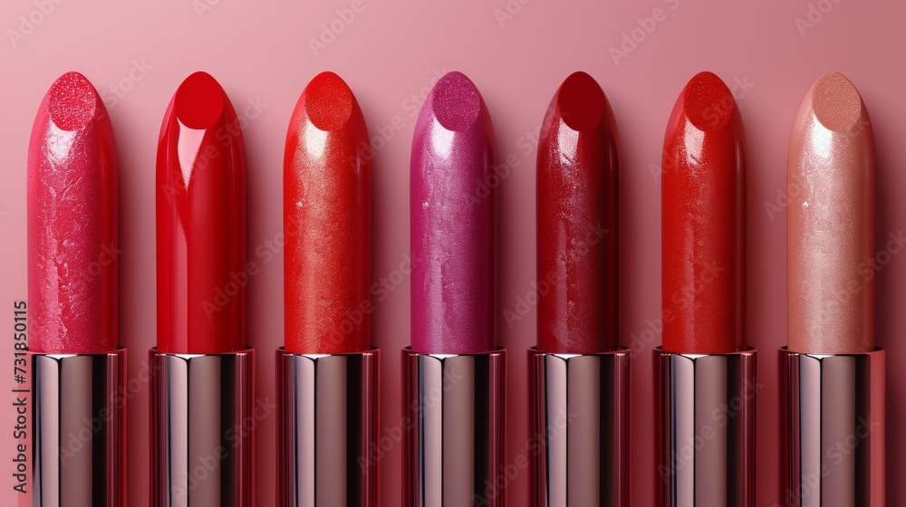 Obraz premium Chromatic Symphony: Lipstick Ensemble on Blushing Canvas. Generative AI.