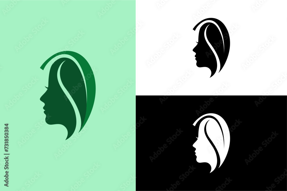Woman girl female head with leaf logo vector design template. Beauty ...