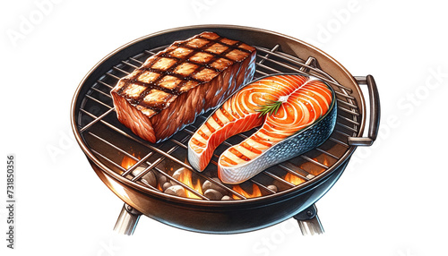 illustration of grilled salmon and beef meat on a grill