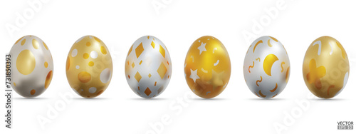 Set of gold easter eggs with pattern collection on white background. 3D Vector isolated illustration. For web, banners, greeting cards, posters, wrapping photo