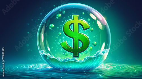 Dollar sign in a soap bubble on a blue background - Generative AI