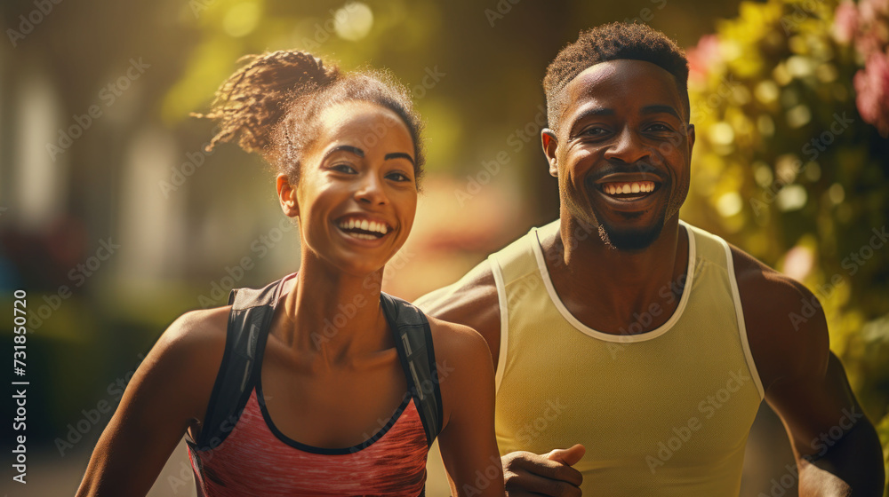 african happy couple jogging in the park on a sunny day, doing sports is good for health african happy couple jogging in the park on a sunny day, doing sports is good for health