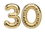 30. Glossy inflatable balloon with the number thirty. Golden volumetric numbers isolated on a transparent background. For anniversaries, birthdays, sales, greeting cards.