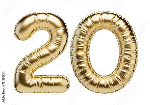 20. Glossy inflatable balloon with the number twenty. Golden volumetric numbers isolated on a transparent background. For anniversaries, birthdays, sales, greeting cards.