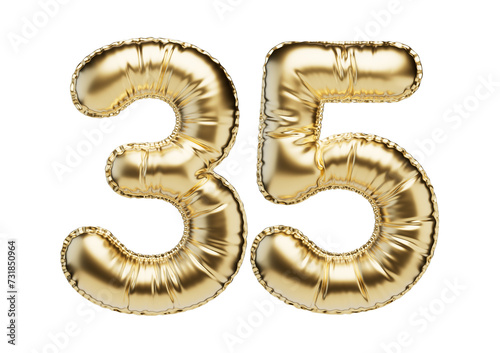 35. Glossy inflatable balloon with the number thirty-five. Golden volumetric numbers isolated on a transparent background. For anniversaries, birthdays, sales, greeting cards.