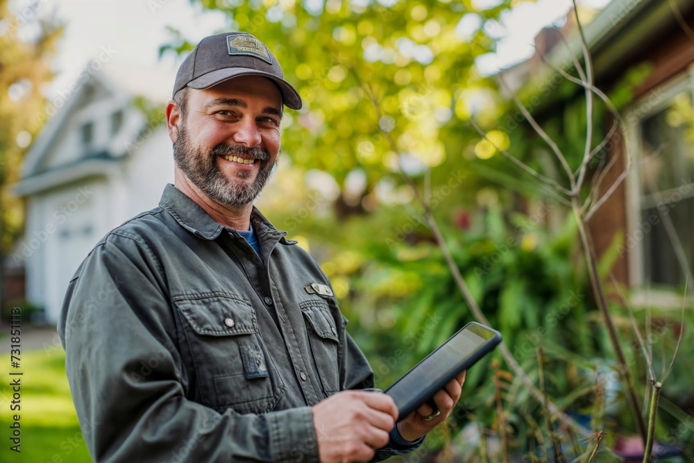 Obraz premium Professional landscape arborist using a tablet to provide a customer a quote on the outdoor job site, green industry worker integrating with technology to keep customers happy