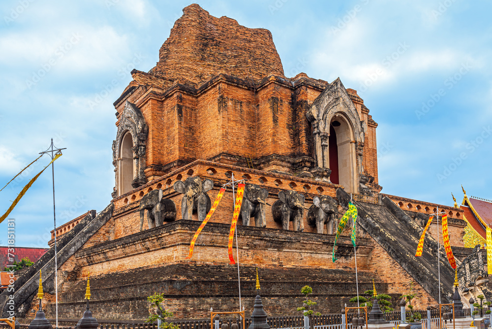 Wat Chedi Luang is a Buddhist temple and a main attraction in the city of Chiang Mai, Thailand. Construction of the Stupa began in the 14th century but was only completed in midd of the 15th century Wat Chedi Luang is a Buddhist temple and a main attraction in the city of Chiang Mai, Thailand. Construction of the Stupa began in the 14th century but was only completed in midd of the 15th century