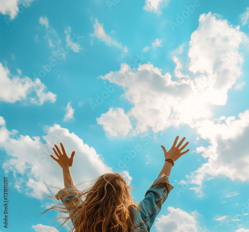 Women's day, Joyful Woman Embracing Freedom under the Blue Summer Sky, Empowered Elevation: Celebrating International Women's Day raising her hands to the sky, square background content