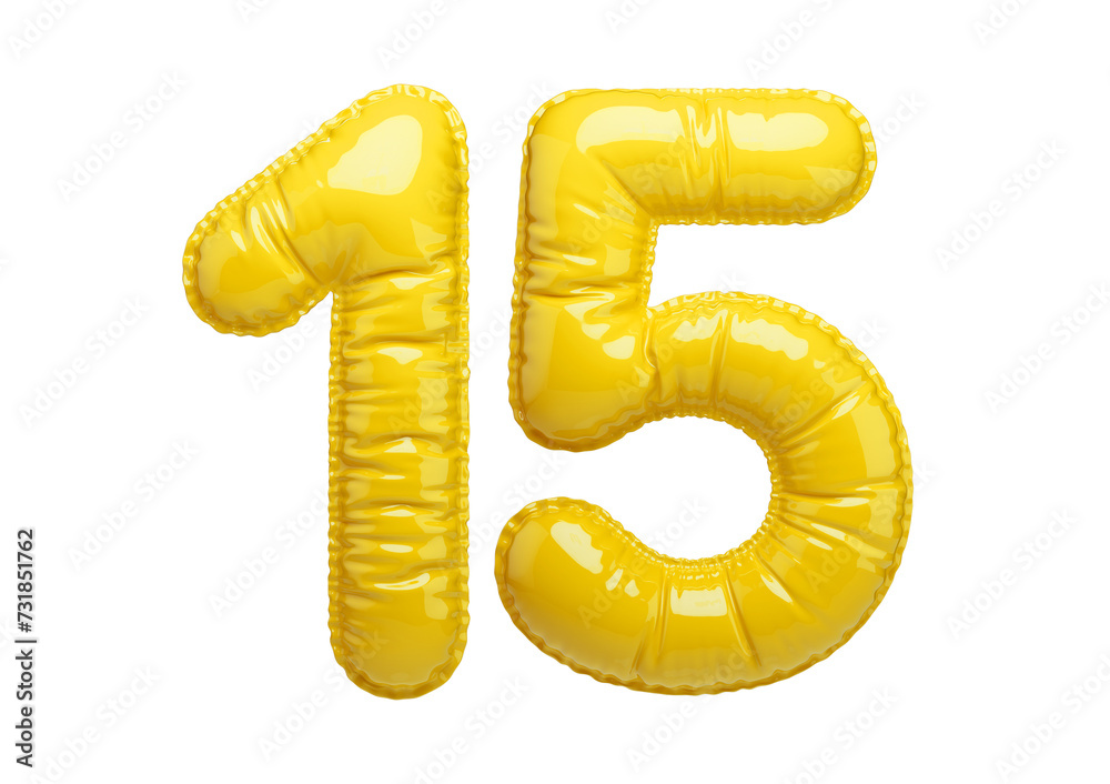 15. Glossy inflatable balloon with the number fifteen. Yellow volumetric numbers isolated on a transparent background. For anniversaries, birthdays, sales, greeting cards. 15. Glossy inflatable balloon with the number fifteen. Yellow volumetric numbers isolated on a transparent background. For anniversaries, birthdays, sales, greeting cards.