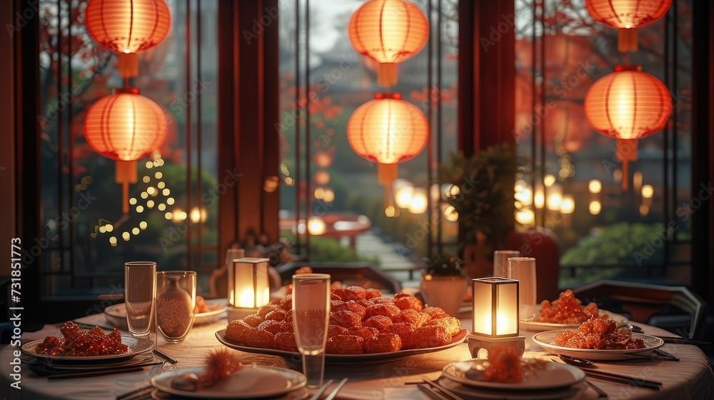 On Chinese New Year's Eve, there is a warm room with a round table filled with sumptuous traditional Chinese food. Red lanterns are hung neatly on the windows. Generative AI.