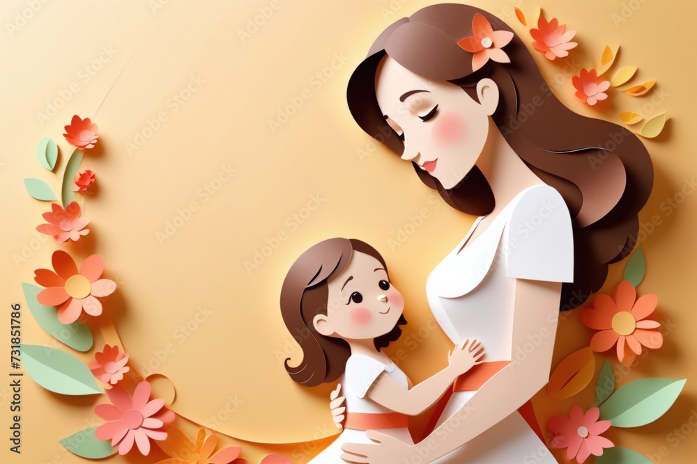 Mother and child in a circle frame, a charming paper cut style illustration for Mother's Day merchandise, creating touching gifts Mother and child in a circle frame, a charming paper cut style illustration for Mother's Day merchandise, creating touching gifts