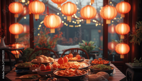 On Chinese New Year's Eve, there is a warm room with a round table filled with sumptuous traditional Chinese food. Red lanterns are hung neatly on the windows. Generative AI.