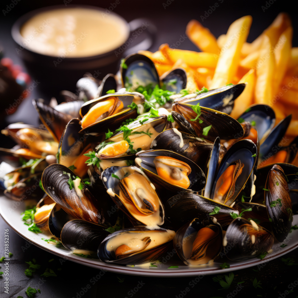 Steamed Mussels in Cream Sauce with Fries Steamed Mussels in Cream Sauce with Fries