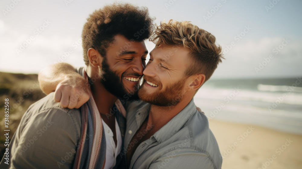 Affectionate Interracial Male Couple at Beach Affectionate Interracial Male Couple at Beach