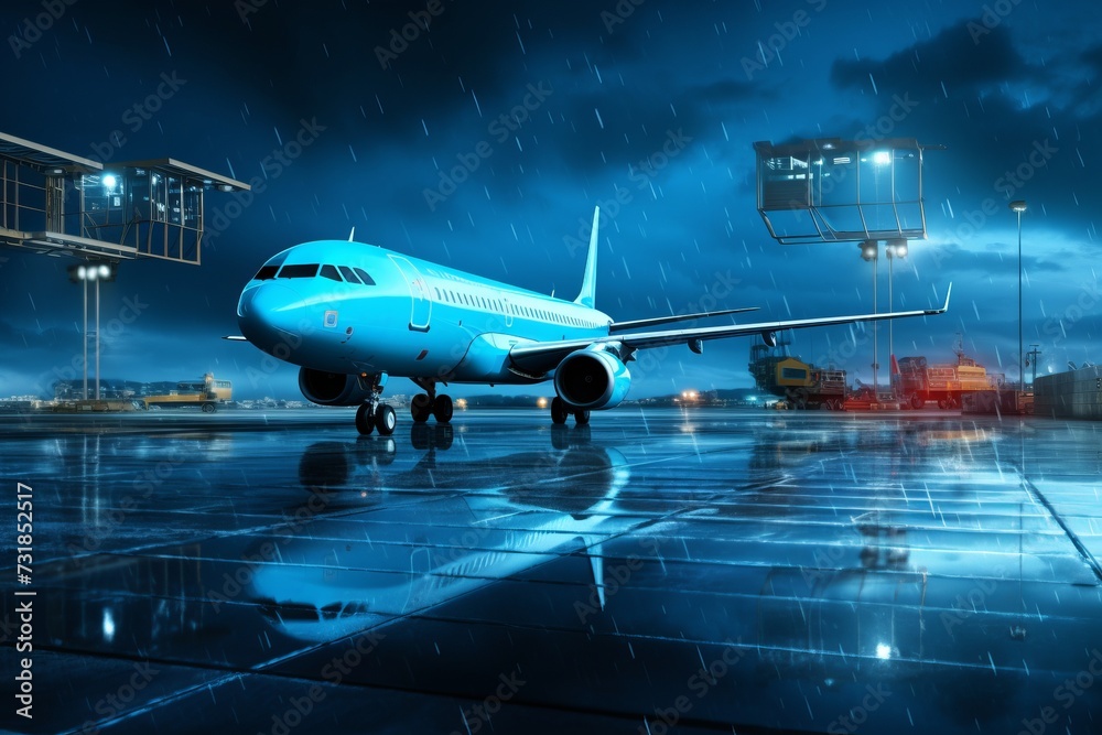 Large plane at night at the airport on the runway in the rain and fog. Flights and bad weather Large plane at night at the airport on the runway in the rain and fog. Flights and bad weather