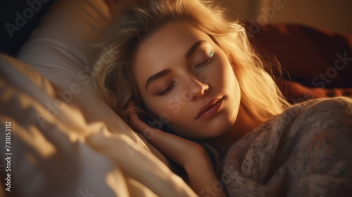 Girl sleep in bed. Sleeping caucasian woman in comfortable bedroom. Pillow and linen, person lying in room. Adult female resting, night portrait of people. AI generated