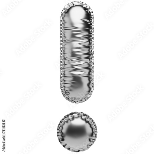 Exclamation mark symbol in the shape of a balloon, isolated on a transparent background. An inflatable balloon of chrome color with a glossy texture.