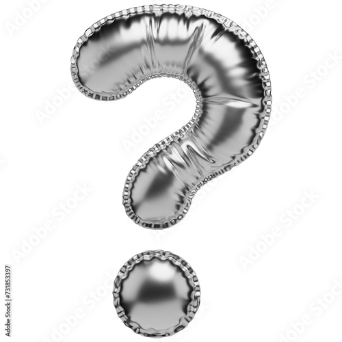 Question mark symbol in the shape of a balloon, isolated on a transparent background. An inflatable balloon of chrome color with a glossy texture.