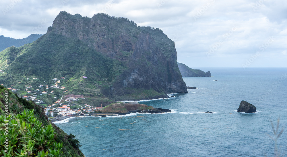 Porto da Cruz town Madeira Portugal. Ocean cliffs.