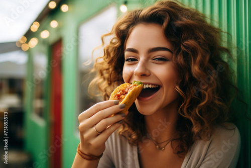 Young woman eating taco on a food court