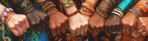 A diverse Women's Fists Wearing Equality Bracelets Against White Backdrop for International Women's Day photo