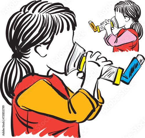 little girl using inhaler blue and orange health care lungs sickness vector illustration