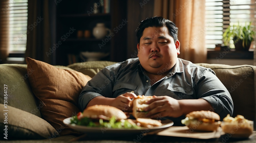 Fototapeta premium An overweight asian man relaxing on the sofa and eating a sandwich from Generative AI
