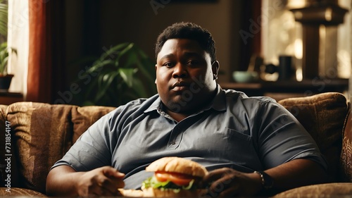 An overweight black african man relaxing on the sofa and eating a sandwich from Generative AI