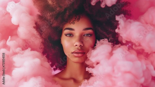 Beautiful fashion woman in pink shoot with soft clouds around her photo