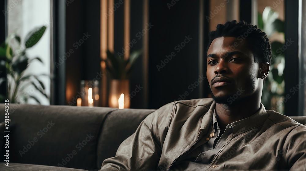 Portrait of a handsome black african young man relaxing on the sofa on a modern minimalist home from Generative AI - obrazy, fototapety, plakaty 