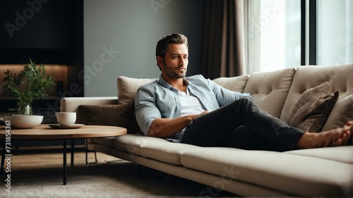Portrait of a handsome man relaxing on the sofa on a modern minimalist home from Generative AI