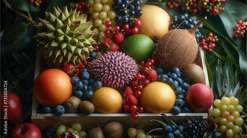 A box full of fresh fruits, Durian, Mangosteen, Coconut Green, Prunes, Blueberries, Fresh Fruits. Generative AI.