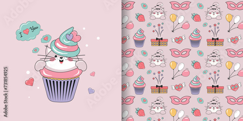Seamless festive pattern with a funny kitten and cupcake. Vector design for postcards, posters, invitations, wrapping paper and more.
