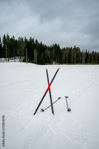 A pair of skis and ski poles stand in the snow. Skiing