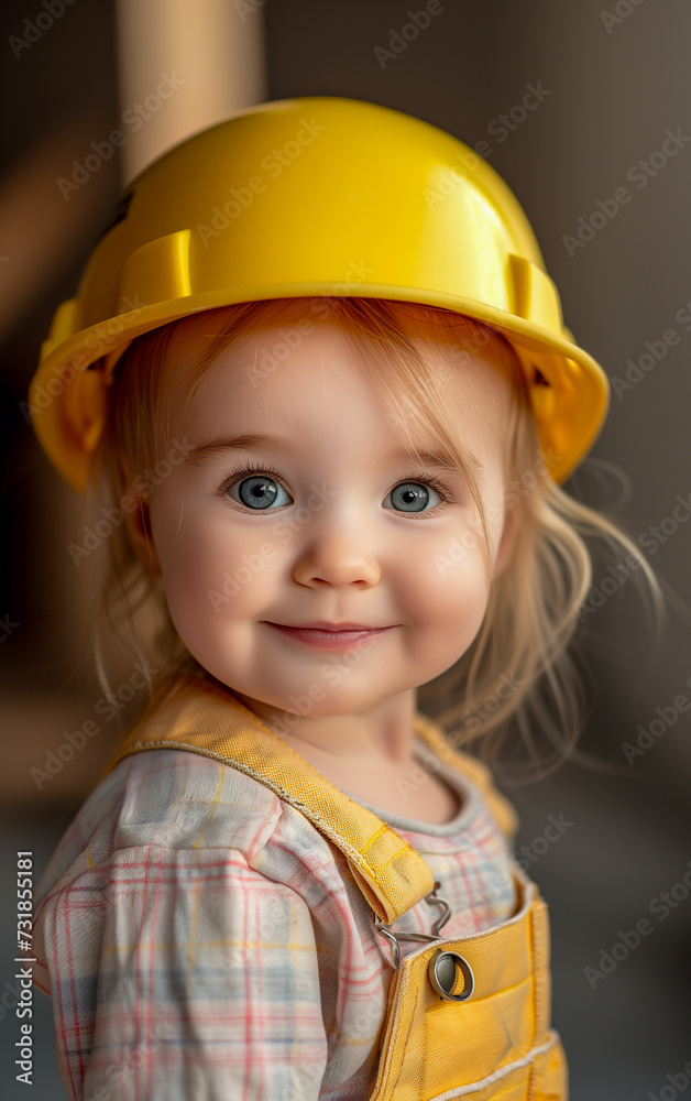 A little blond smiling girl with a yellow safety helmet A little blond smiling girl with a yellow safety helmet