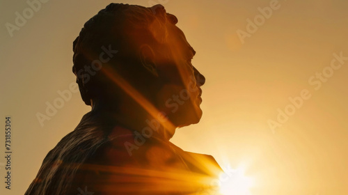 A wellknown statue of a historical leader illuminated by the setting sun.