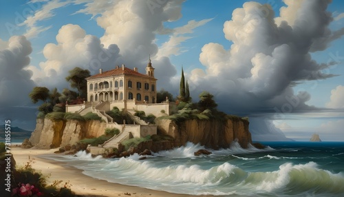 Baroque Seaside Villa with Billowing Clouds