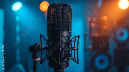 Classic Black Microphone on Stage with Spotlight Illuminating the Performance  Blue Background.