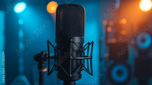 Classic Black Microphone on Stage with Spotlight Illuminating the Performance, Blue Background.