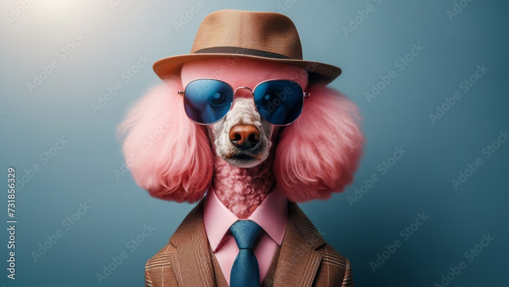 A funny dog in a suit, sunglasses, and hat on a blue background. Studio shot