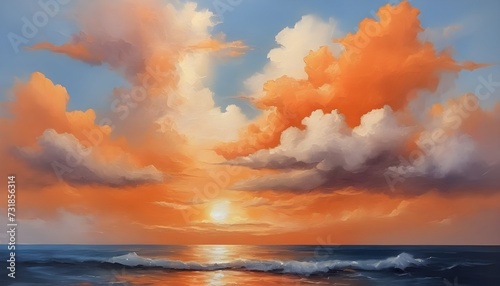 Dreamy Oceanic Bliss: Soothing Orange and White Clouds Oil Painting
