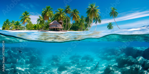 Photorealistic depiction of a tropical island and sea world. View from the water